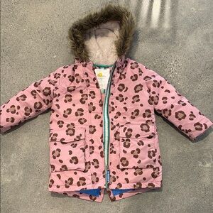 Boden Pink Leopard Print Jacket with Faux Fur Hood